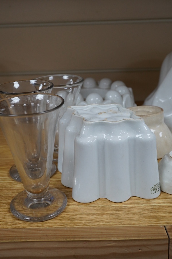 Seven Victorian Shelley jelly moulds, two others and three glasses. Condition - fair